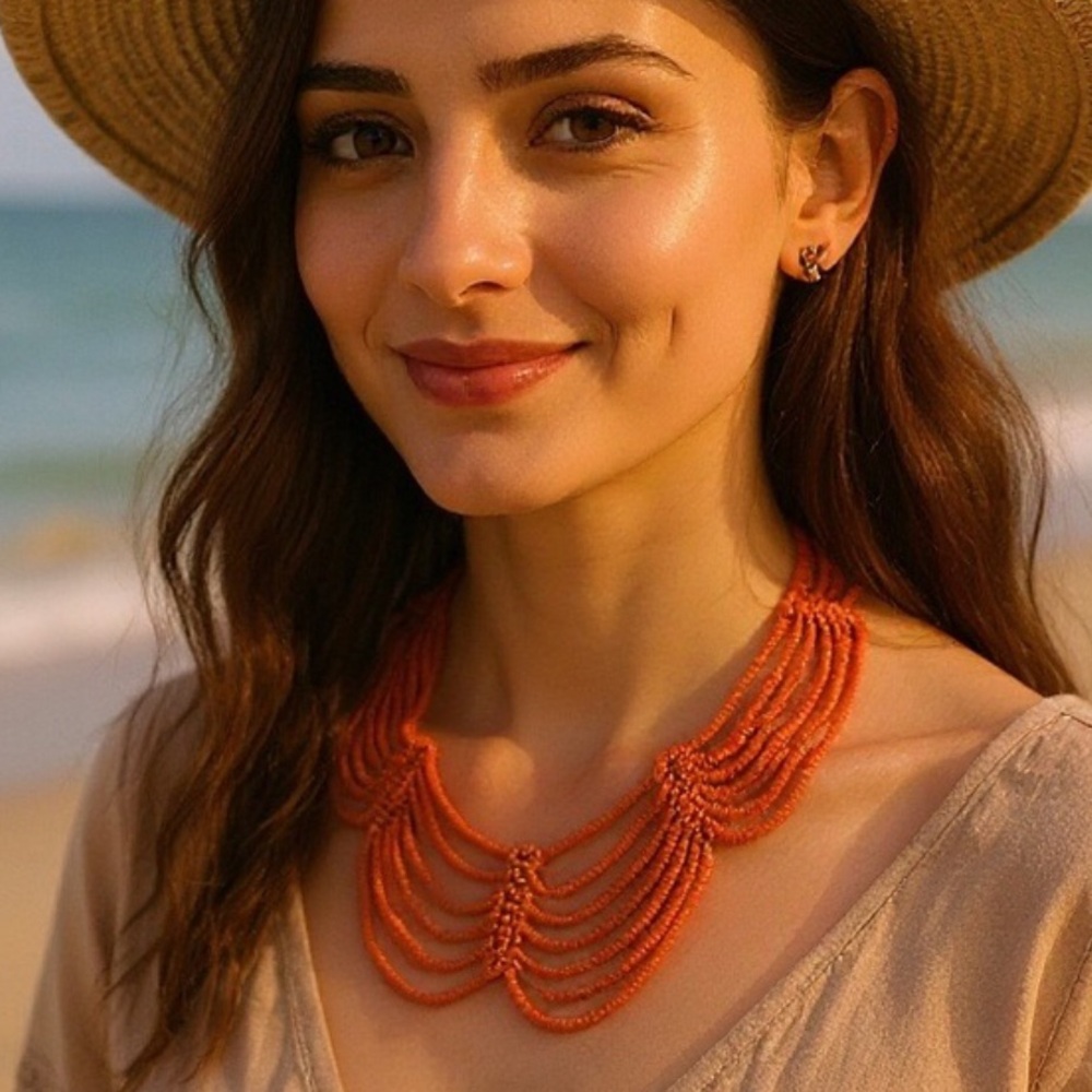 SALE | Rare 1960’s Vintage Beaded Coral Multi-Strand Bib Choker
